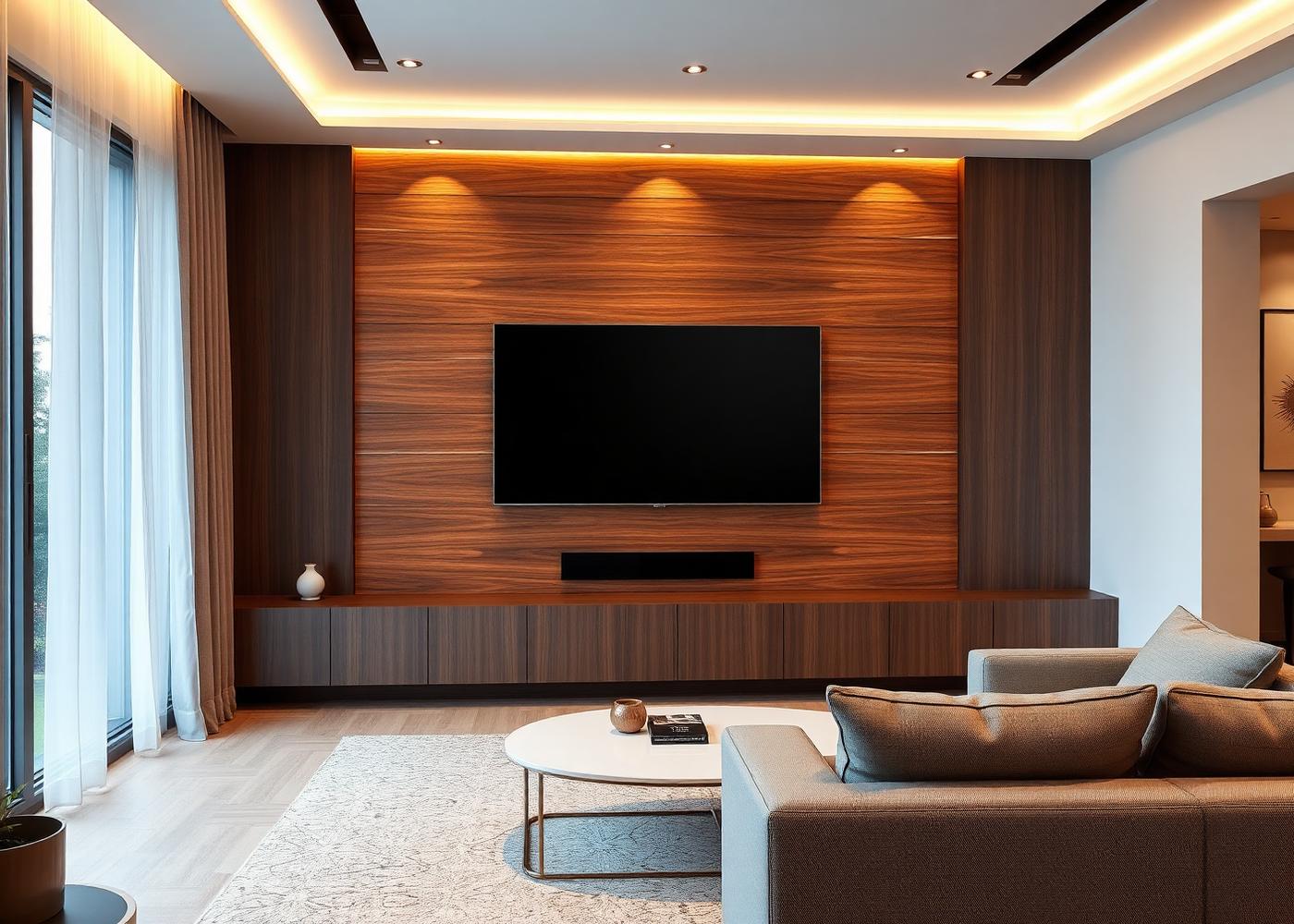 Sala moderna com painel de TV instalado